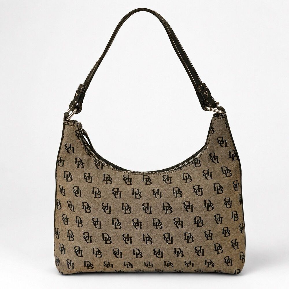 Dooney & Bourke DB Monogram Canvas Hobo Shoulder Bag Brown Leather Trim Y2K Logo